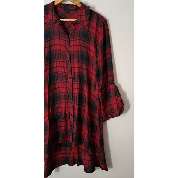 Zara womens medium shirt dress red plaid baloon sleeve peasant boho beach flowy - Picture 2 of 6